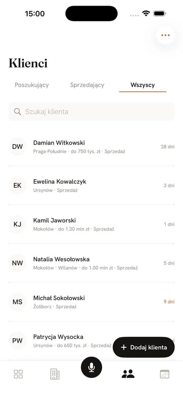 Aplikacja Estalo, ekran Klienci